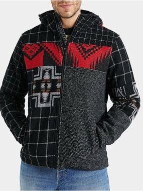 Desigual | Wool Blend Black Red Patterned Hooded Aztec Inspired Zip-Up Jacket S